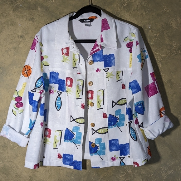 Vintage Alia Fruit and Fish Print Colourful Lightweight Jacket - Picture 3 of 9